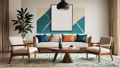 Mediterranean-inspired living room design with comfortable seating and a tiled wooden table. The mockup wall introduces a modern touch, offering a canvas for personalized displays within the exotic se