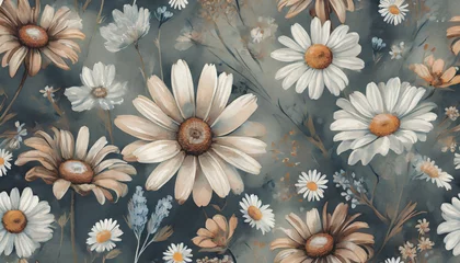 Deurstickers seamless floral pattern with chamomile and daisies_ artistic vintage style © yahan balch