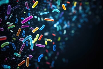 Microscopic probiotics and bacterial flora on black background. - obrazy, fototapety, plakaty