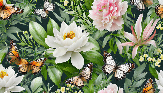 seamless floral pattern with butterflies, peonies, lilies and other greenery