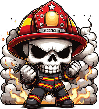 Skull become firefighter theme drawing in a safety outfit, chibi style