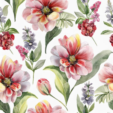 seamless floral pattern with hand-drawn flowers_ isolated on white_ illustration