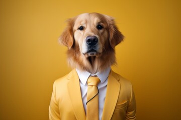 animal pet dog concept Anthromophic friendly golden retriever dog wearing suite formal business suit pretending to work in coporate workplace studio shot on plain color wall