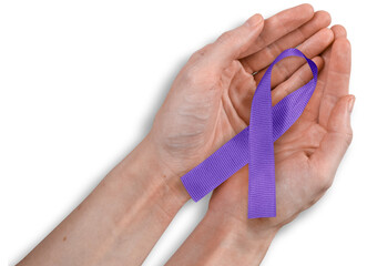 Purple Ribbon in Woman's Hands, Alzheimer's, Domestic Violence Awareness Concept, Isolated