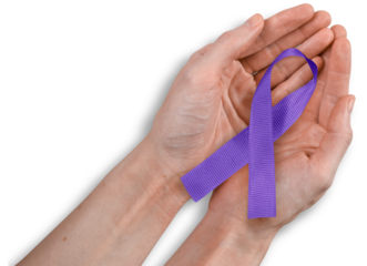 Purple Ribbon in Woman's Hands, Alzheimer's, Domestic Violence Awareness Concept, Isolated