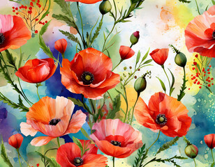 seamless floral pattern with red poppies on abstract colorful background