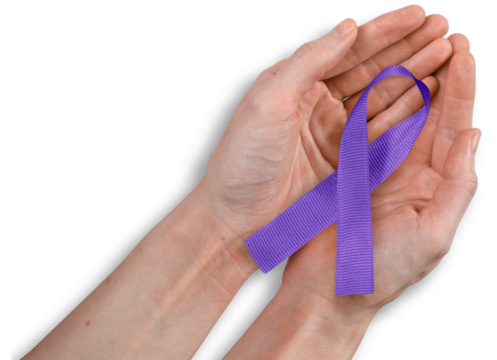 Purple Ribbon in Woman's Hands, Alzheimer's, Domestic Violence Awareness Concept, Isolated