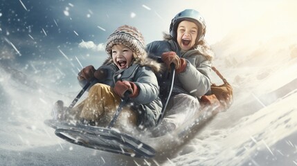 Portrait realistic happy children enjoy sledding down in a snowy hill. AI generated image