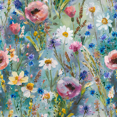 seamless floral pattern with wildflowers and oil paintings_ spring flower