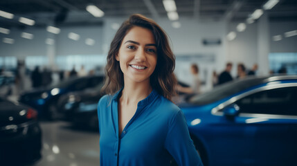 Professional luxury car saleswoman in luxury showroom. Auto dealership office. Car dealer business. Smiling woman in showroom. Expensive car. Automotive industry. Luxury car agent - obrazy, fototapety, plakaty