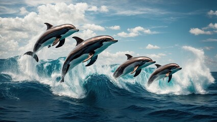 A playful group of dolphins jumps across the deep blue ocean, creating a massive wave that looks as though it could reach the sky.