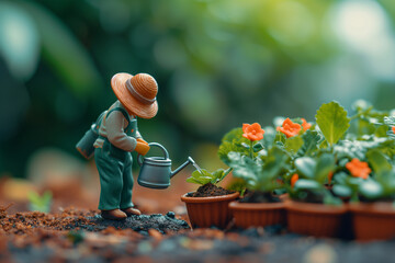Miniature ceramic toy of a gardener watering flower pot in the garden