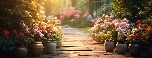 Papier Peint photo Jardin Background of a garden path with pots of flowers, in the style of rustic still lifes, lens flares, bright  