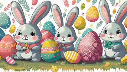 Seamless pattern with bunny rabbit cartoons and Easter eggs on white background vector.