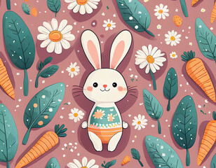 Seamless pattern with bunny rabbit cartoons, carrot, butterfly, daisy flower and foot print on pink background vector.
