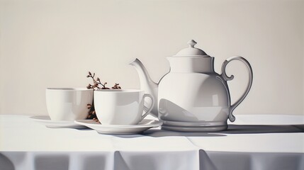a teapot and cup stand gracefully against a clean white canvas, evoking a sense of tranquility and sophistication.