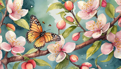Seamless pattern with peach blossom branch, butterflies, bees. Summer floral wallpaper with ripe...