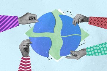 Photo cartoon comics sketch collage picture of arms sharing four parts circle isolated graphical background