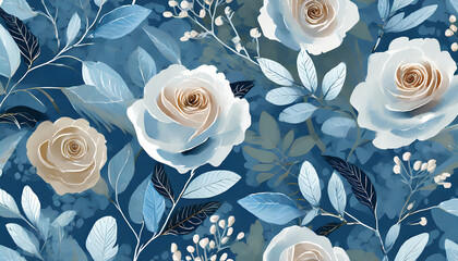 seamless pattern with roses and leaves_ blue creative abstract backgrownd