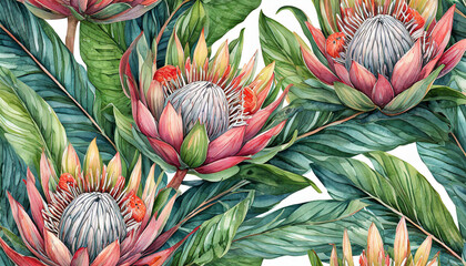 Seamless tropical pattern. Exotic background with protea flowers and tropical leaves. Vintage watercolor hand drawing illustration. Suitable for fabric design, wrapping paper, wallpaper