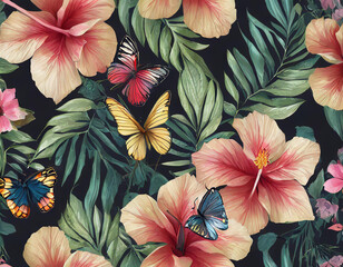 Seamless tropical wallpaper with flowers, leaves, butterflies. Floral pattern with hibiscus. Dark vintage botanical background. Premium 3d illustration. Luxury design for wallpaper, paper, clothing