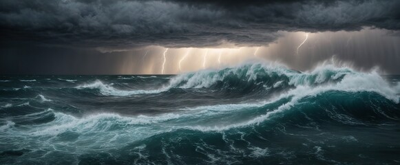 An intense ocean storm that is causing havoc and danger is characterized by dark, churning waves and powerful lightning strikes. - obrazy, fototapety, plakaty