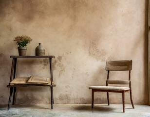 Shelves and old chair against aged old grunge beige stucco wall with copy space. Vintage, wabi-sabi home interior background design of living room.