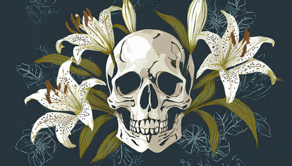 Skull with luxurious white lilies flowers wallpaper. Dark background. Halloween graphic print,...