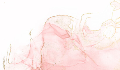 Pink watercolor fluid painting with golden stripes, design card. Dye splash style. Alcohol ink.