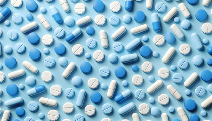 Prescription opioids, blue and white pills on a blue background, pharmaceutical pills, vitamins	