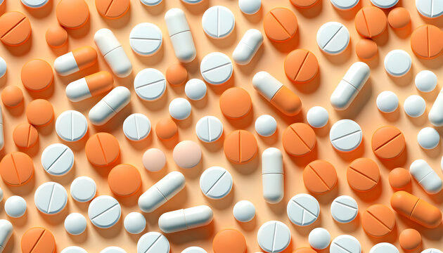 Prescription opioids, orange and white pills on a orange background, pharmaceutical pills, vitamins	