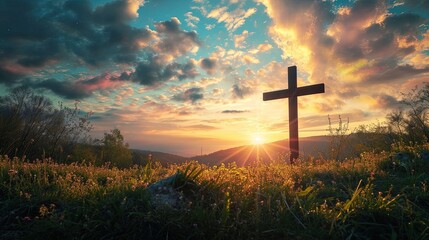 Cross at sunset. Crucifixion of Jesus Christ in the meadow, ai generative - obrazy, fototapety, plakaty