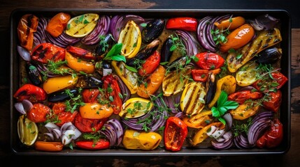 a tray of roasted Mediterranean vegetables, their vibrant colors and aromatic herbs creating a feast for the eyes against a clean and inviting white canvas.