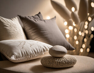 Fototapeta na wymiar Soft and serene Zen space. Neutral tones, minimal decor. Zen-inspired furniture, calming details. Feminine touches like soft cushions and gentle lighting create a tranquil ambiance.