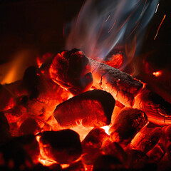 Smoldering red coals in the night. Burning fire