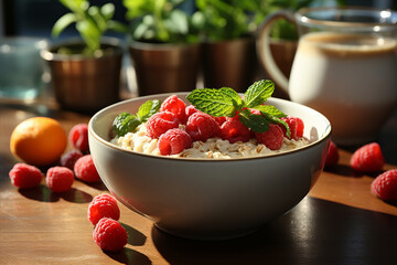 Traditional breakfast - oatmeal porridge with fresh raspberries in ceramic bowl.