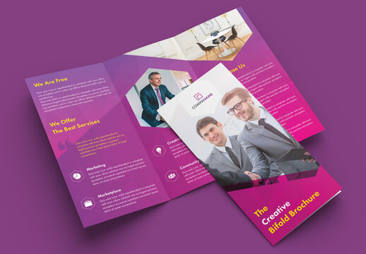 Trifold Brochure Layout with Purple and Pink Gradient Accents