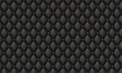 Texture black leather upholstery diamond sofa with gold buttons.Luxury abstract background.Vector stock illustration.