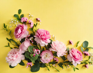Spring composition of pink flowers on yellow background with copy space. Creative layout. Flat lay. Top view. Summer minimal concept.