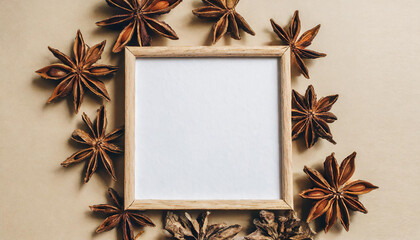 Square frame with blank mockup copy space made of dried star flowers on neutral beige background