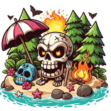 Skull in island middle of sea drawing in chibi style 