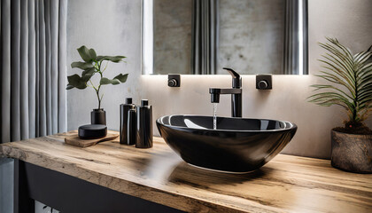 Stylish black vessel sink and faucet on wooden countertop. Interior design of modern bathroom.
