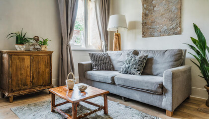 Stylish bohemian living space with a gray sofa, wooden coffee table, commode, and elegant personal accessories, achieving a perfect balance of comfort and aesthetics.