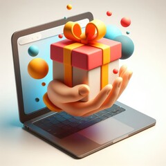 Open Laptop and Relic Hand with Gift. 3D Cartoon Clay Illustration on a light background.