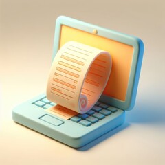 Open Laptop with Receipts and Invoices. 3D Cartoon Clay Illustration on a light background.