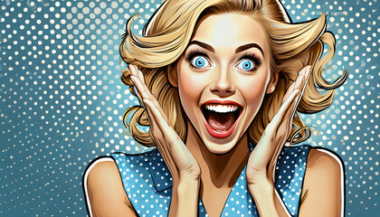 Surprised happy excited young attractive blonde woman with wide open blue eyes and open mouth,...
