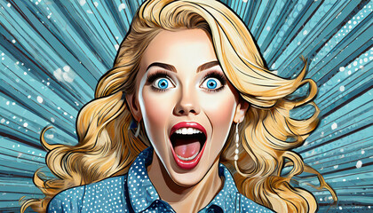 Surprised happy excited young attractive blonde woman with wide open blue eyes and open mouth,...