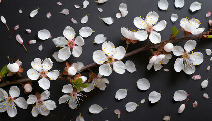Sweet cherry blossom pattern on black background_ abstract spring concept