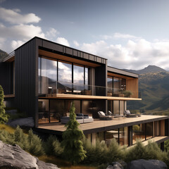 Fototapeta premium Modern black villa in the mountains with large glass fronts