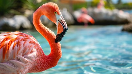 Obraz premium A macro shot of a flamingo in the ocean on a isle near the sea.